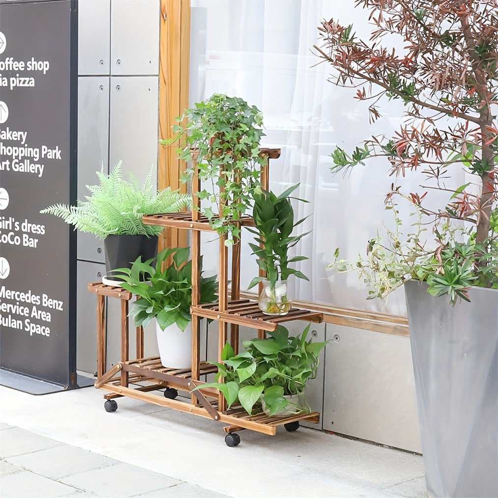 Étagère robuste 6 niveaux en bois carbonisé pour plantes, parfaite pour votre décoration de balcon.