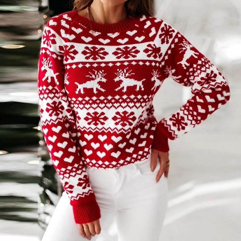 Pull de Noël rouge festif pour femme, motif hivernal élégant. Idéal pour la mode des fêtes et le confort.