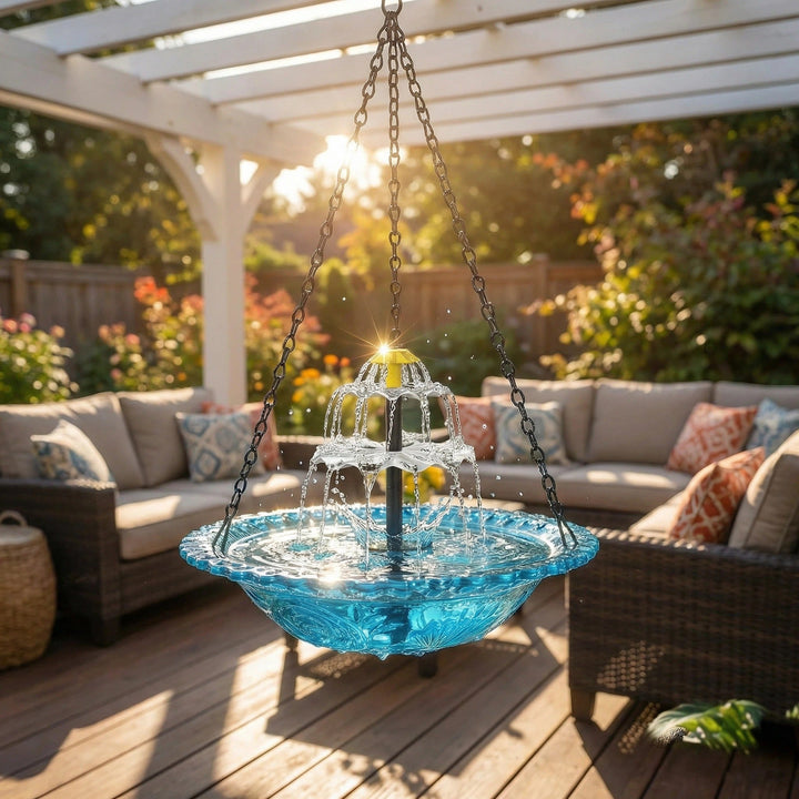 Fontaine solaire suspendue en verre pour jardin, cascade apaisante, abreuvoir oiseaux, déco extérieure zen.