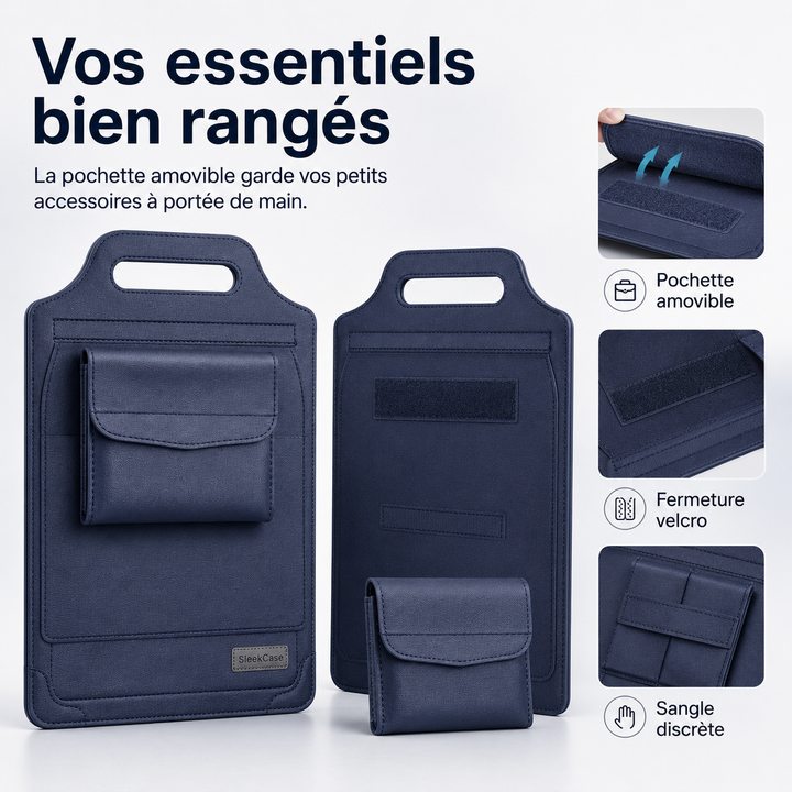 Organisateur compact 2-en-1 : housse et support ajustable pour ordinateur portable. Idéal pour protection et travail nomade.