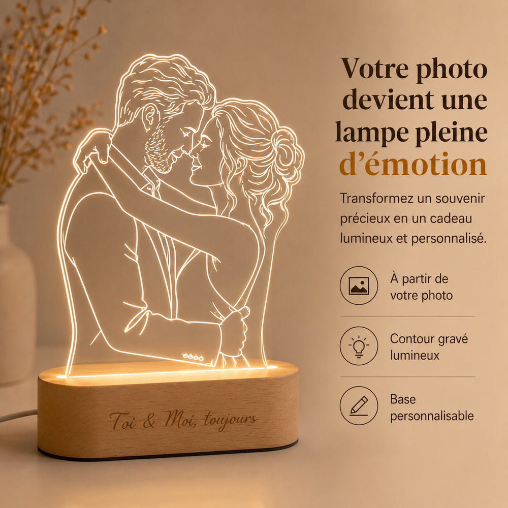 Lampe photo LED personnalisable acrylique/bois, éclairage USB décoratif pour ambiance unique.