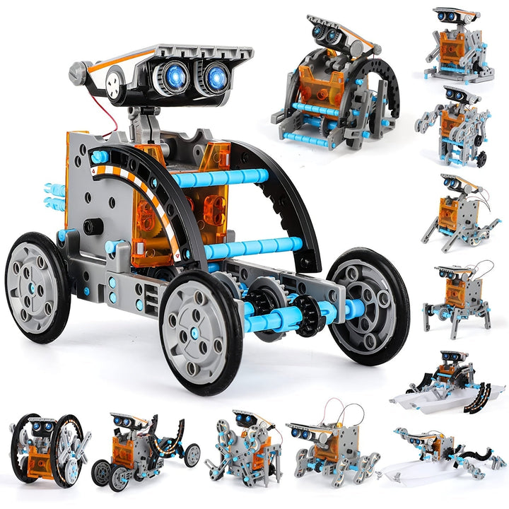 Kit robot solaire éducatif 12-en-1 pour enfants, apprentissage STEM et énergies renouvelables.