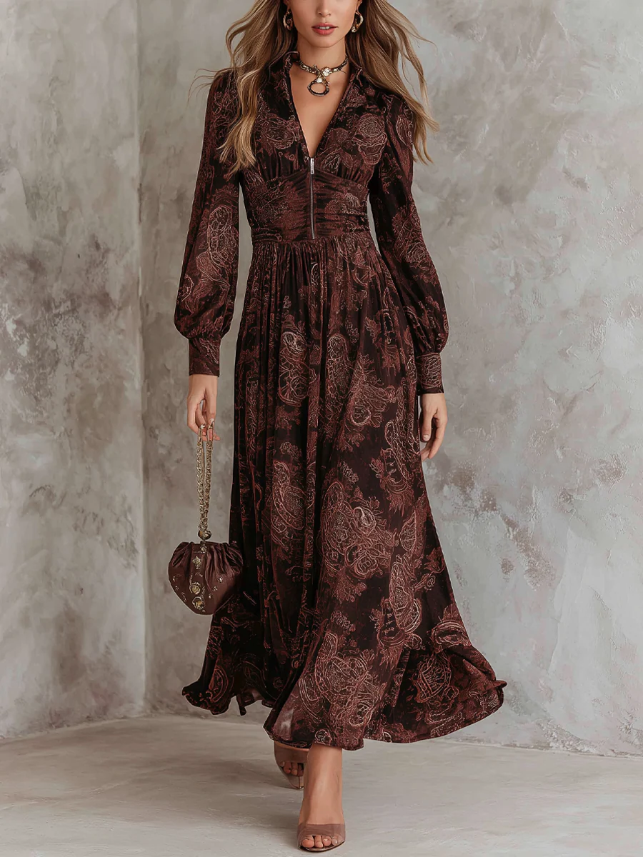 Robe longue femme élégante à motif cachemire, avec zip, idéale pour soirée, bureau ou look décontracté chic.
