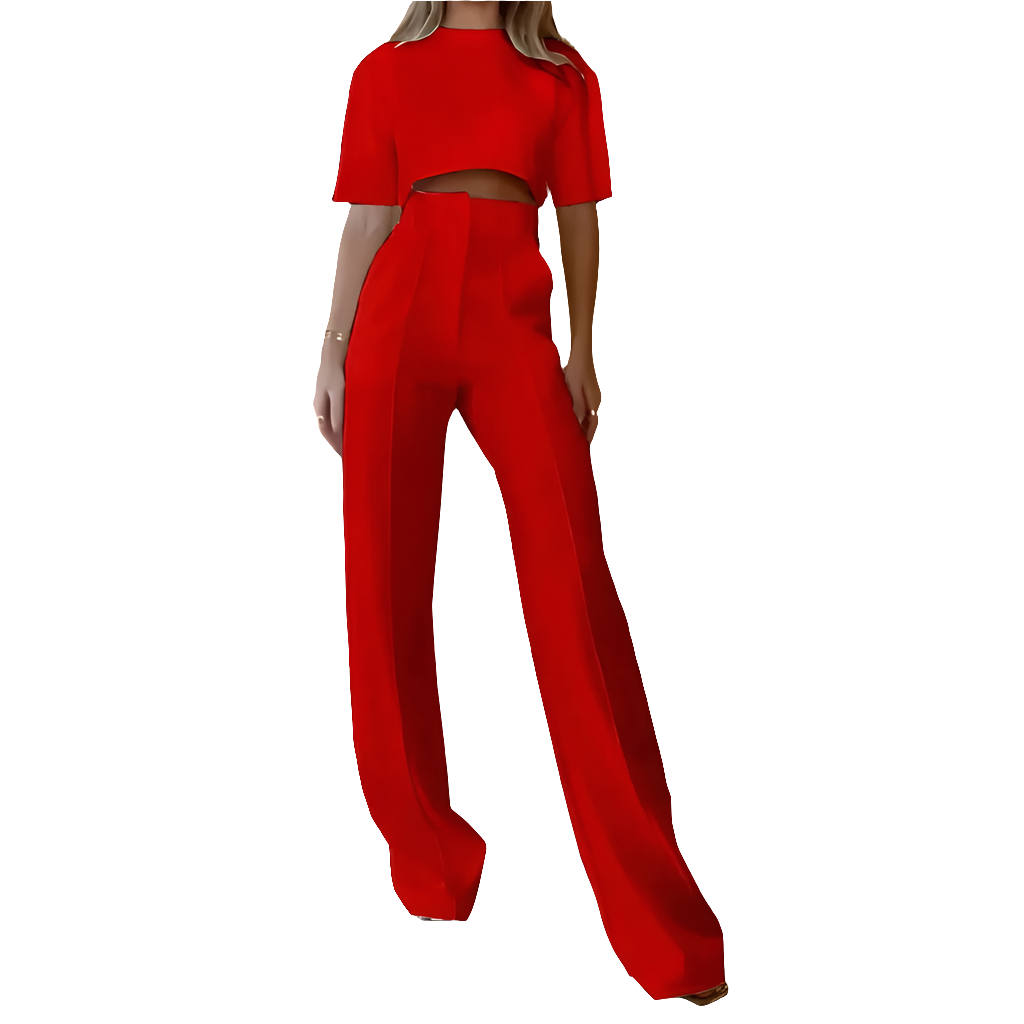 Ensemble deux pièces élégant pour femmes avec pantalon large fluide et top à manches 3/4, look chic.