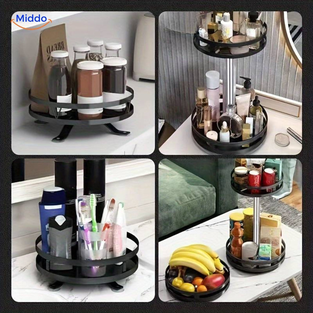 Stockage rotatif 360° pour épices ou produits de bain, étagère en acier inox, accès rapide.