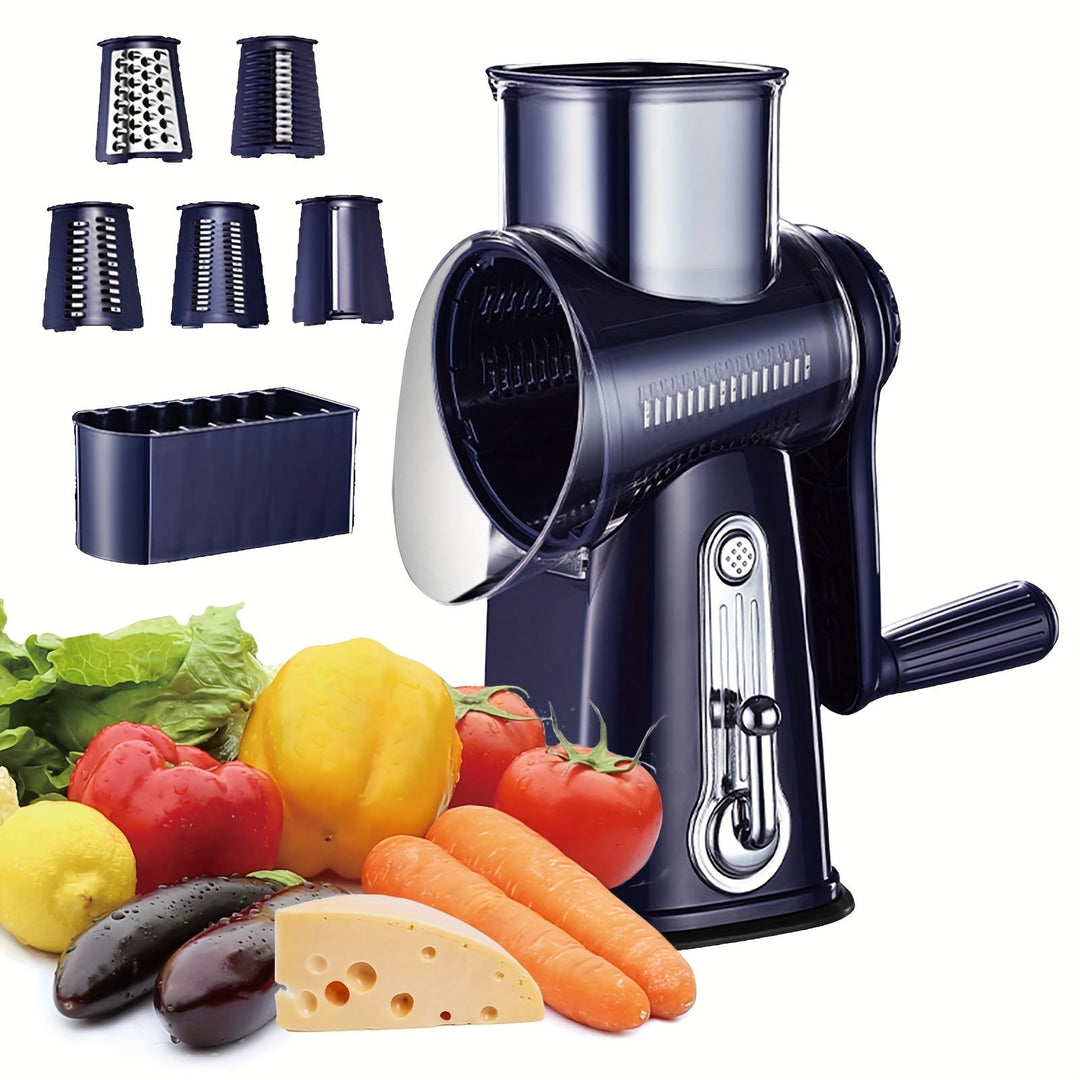 Râpe rotative 5-en-1 pour fromage et légumes, avec base antidérapante. Accessoire cuisine rapide.