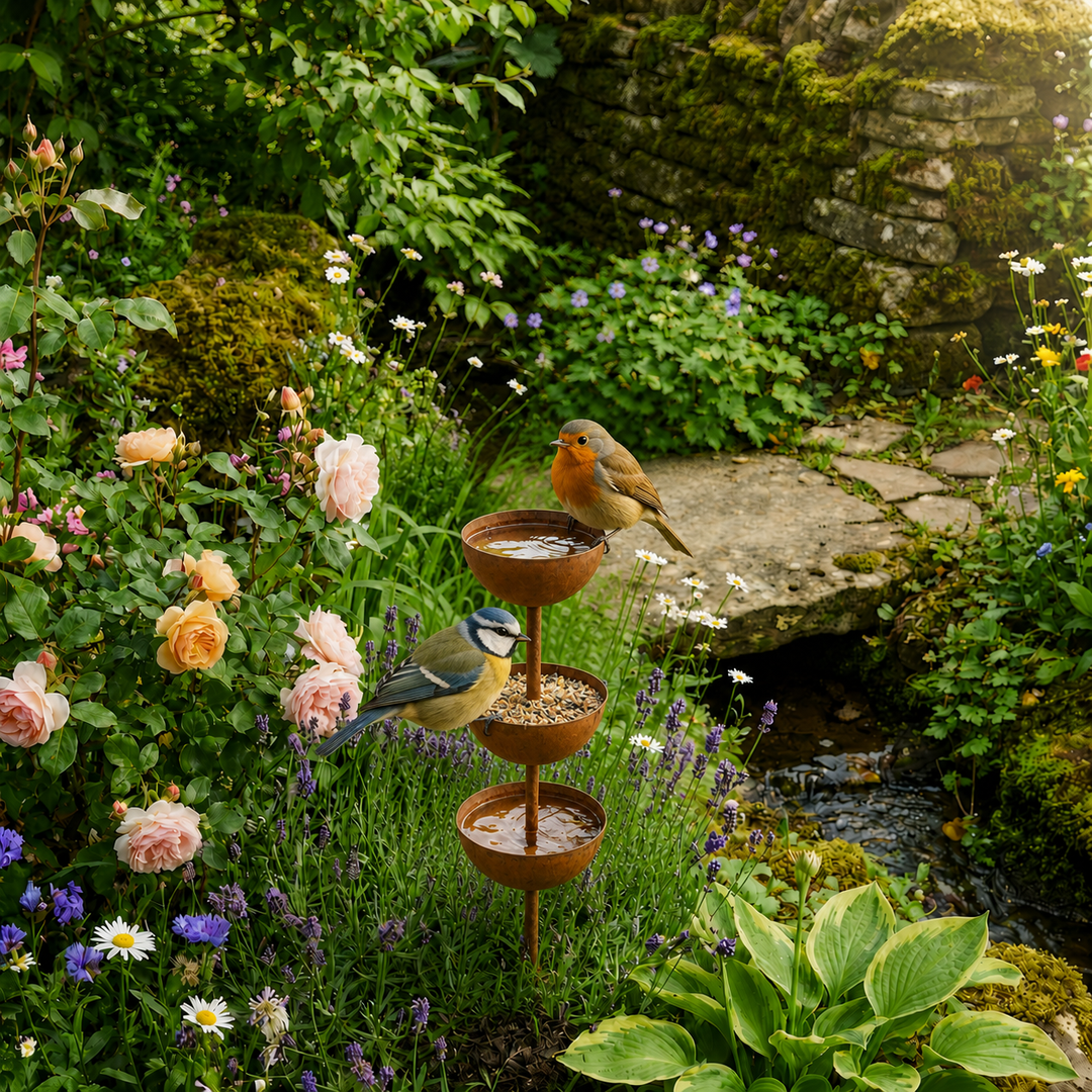 Jardin: Bain d'oiseaux rustique en cuivre avec pic. Offre un point d'eau et une décoration pour la faune.