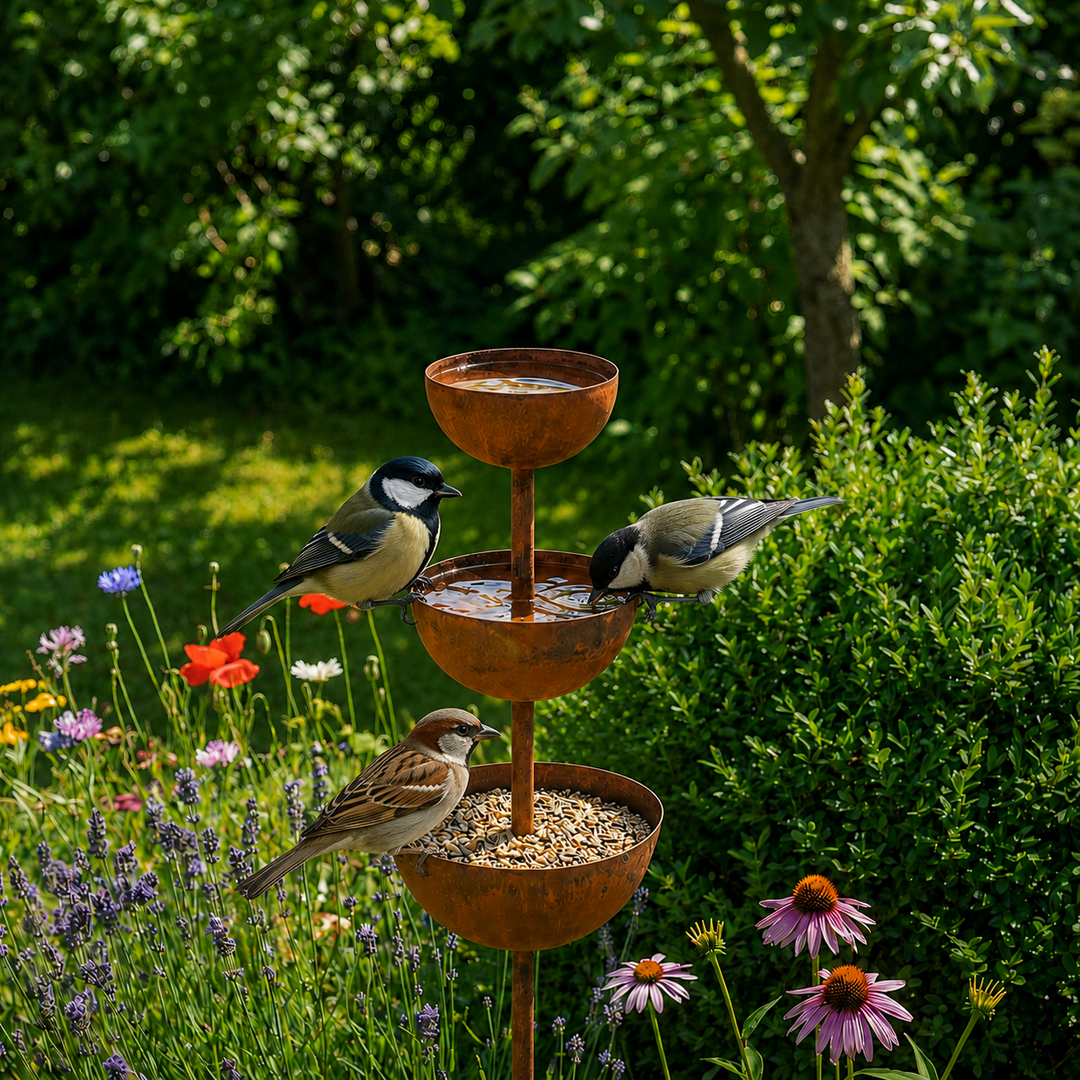 Bain d'oiseaux rustique en cuivre pour jardin, monté sur pic. Décoration extérieure charmante pour les oiseaux.
