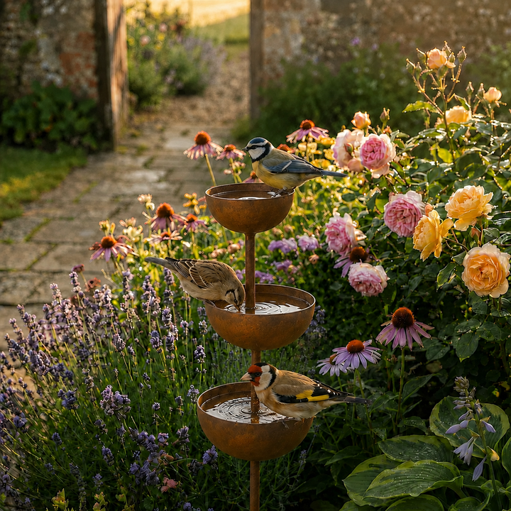 Bain d'oiseaux en cuivre patiné, finition rustique, sur pic de jardin. Idéal pour le jardin et les oiseaux.