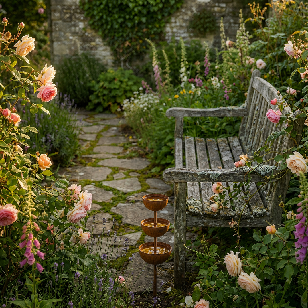 Pic de jardin avec bain d'oiseaux en cuivre rustique. Aménagez votre extérieur pour la faune et la décoration.