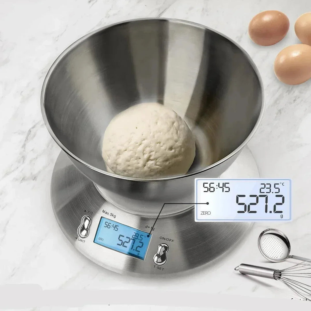 Balance de cuisine numérique précise avec bol amovible en acier inoxydable et minuteur intégré pour pâtisserie et cuisson.