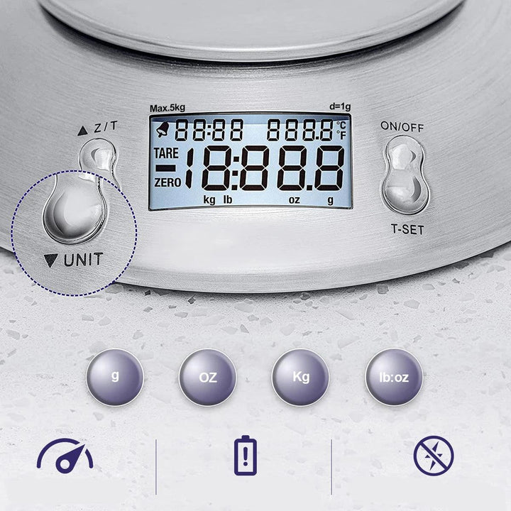Balance numérique de cuisine en inox pour pesée précise, avec grand bol et écran LCD. Idéale pour la cuisson.
