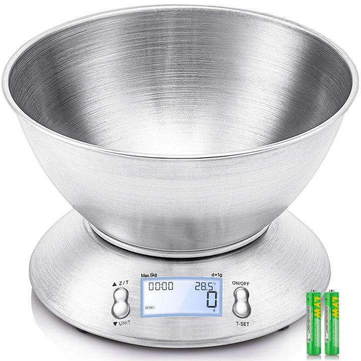 Ustensile cuisine: balance numérique précise avec bol amovible et minuteur intégré. Parfait pour pâtisserie.