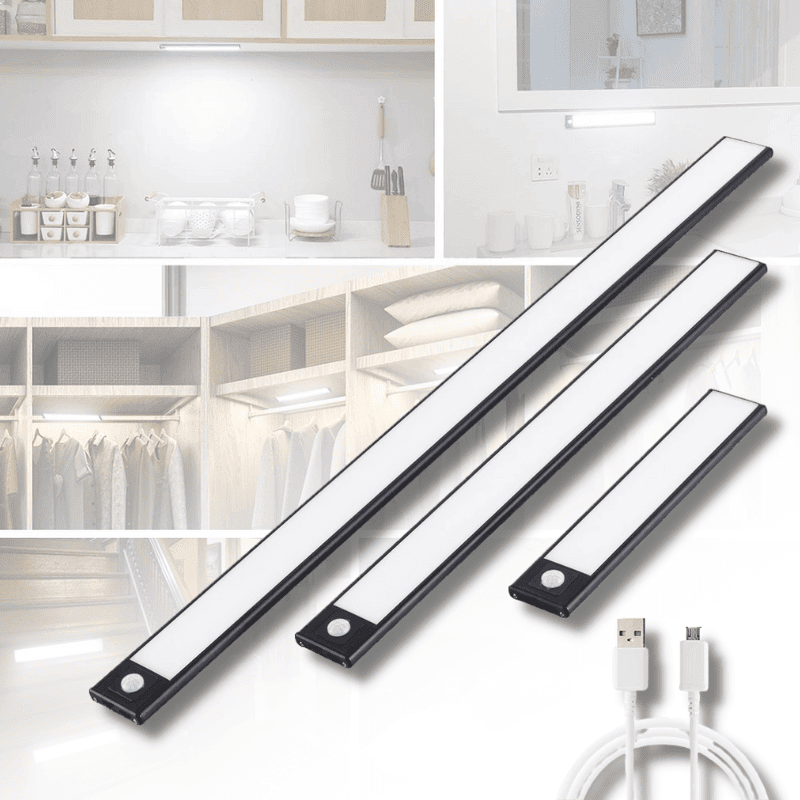 Barre LED rechargeable avec capteur de mouvement, idéale pour l'éclairage intérieur sans fil de placard, cuisine, couloir.