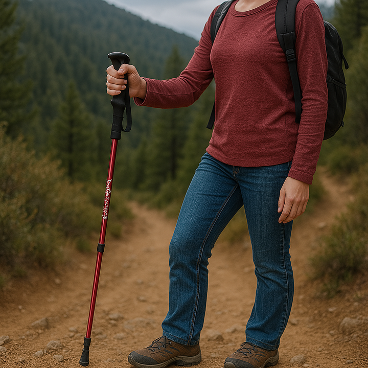Bâton de randonnée pliable ultraléger en aluminium, idéal pour le trekking et les aventures en plein air. Compact et robuste.