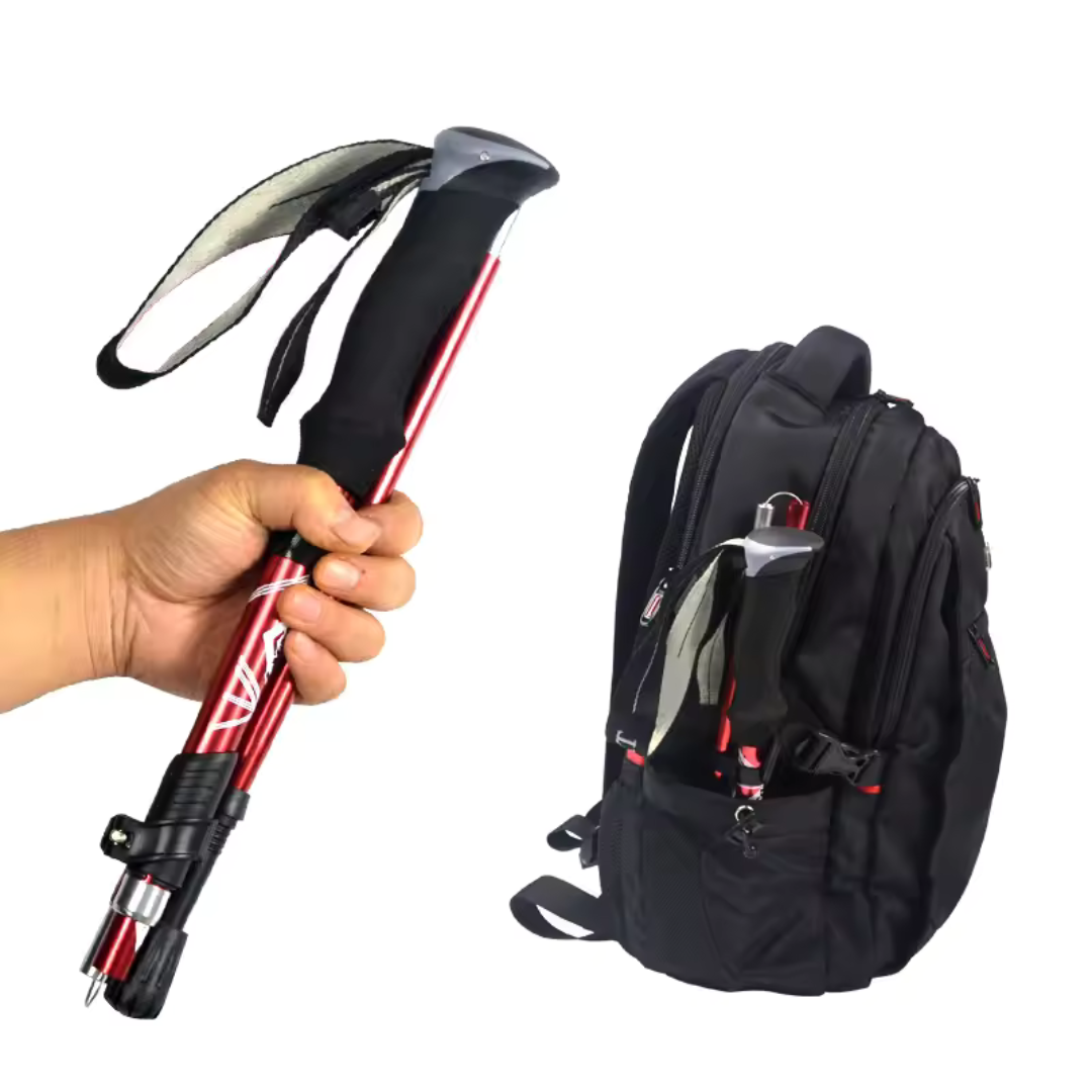 Bâton de marche pliable pour randonnée, en aluminium. Offre un soutien robuste et un transport facile, idéal plein air.