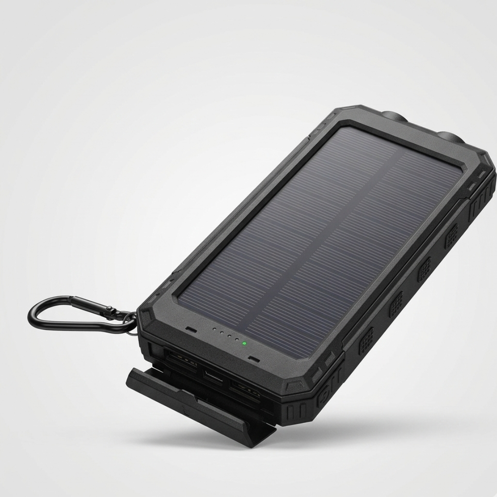 Power bank solaire 10000mAh pour aventure, avec lumière LED et USB.