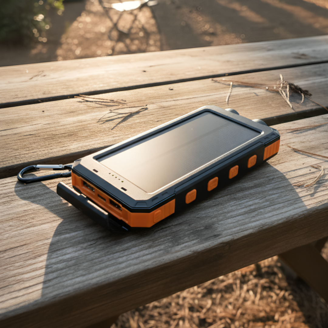 Énergie mobile solaire 10000mAh USB, pour appareils en camping ou aventure.