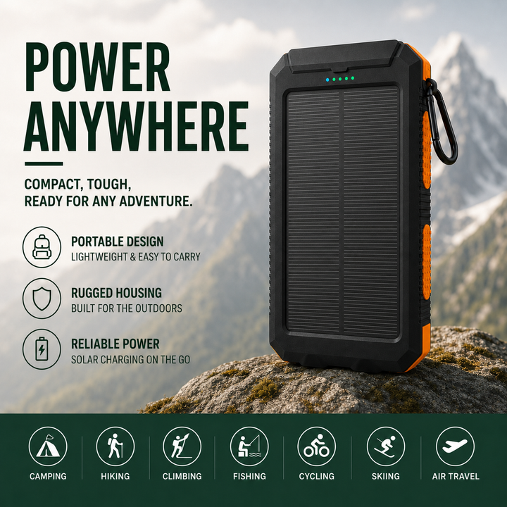 Batterie externe solaire 10000mAh, design résistant, parfaite pour l'aventure.