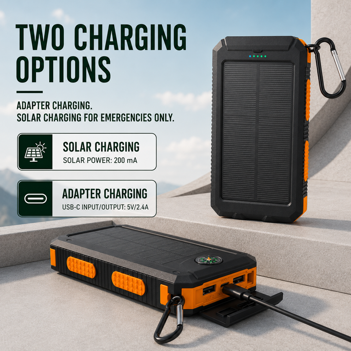 Chargeur solaire portable 10000mAh fiable, lampe LED pour vos excursions.