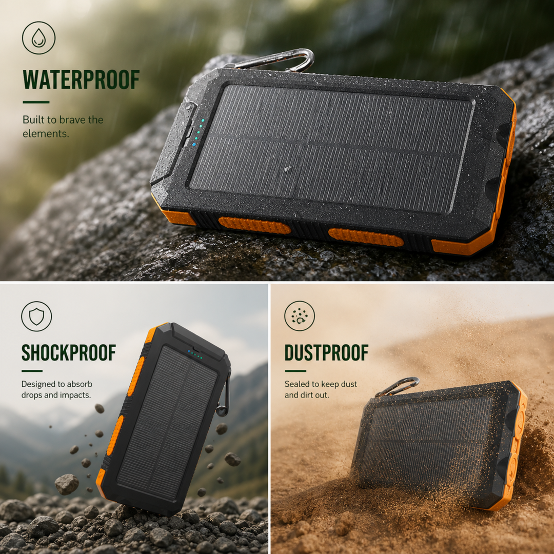 Power bank solaire 10000mAh en action, rechargeant un smartphone en extérieur.