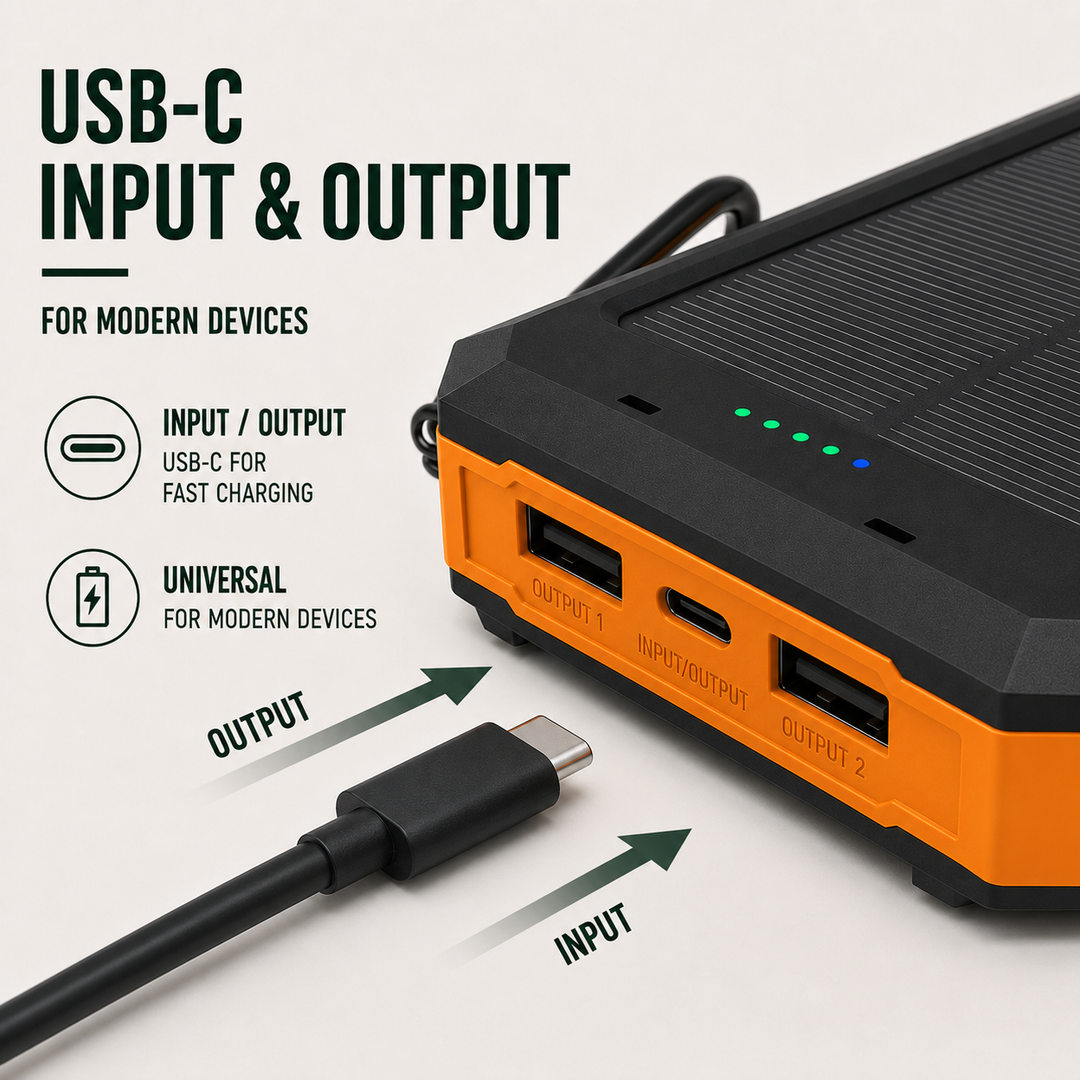 Batterie solaire 10000mAh étanche avec compas, sécurité en urgence.