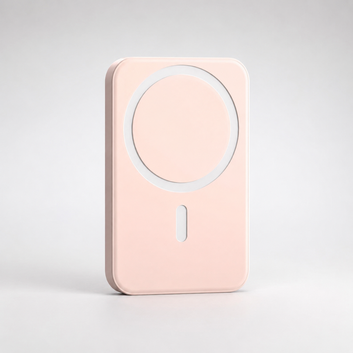 Chargeur portable 5000 mAh sans fil, fixé à un smartphone, recharge pratique en déplacement.