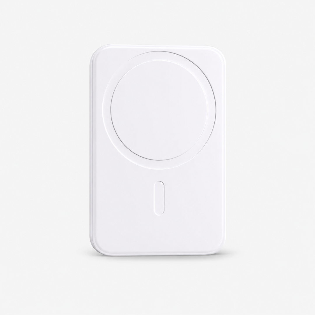 Power bank magnétique 5000 mAh avec connectivité USB-C et charge sans fil pour téléphones.