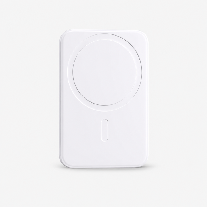 Power bank magnétique 5000 mAh avec connectivité USB-C et charge sans fil pour téléphones.