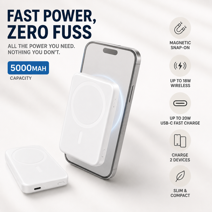 Technologie de pointe: power bank 5000 mAh magnétique et sans fil, compatible USB-C.