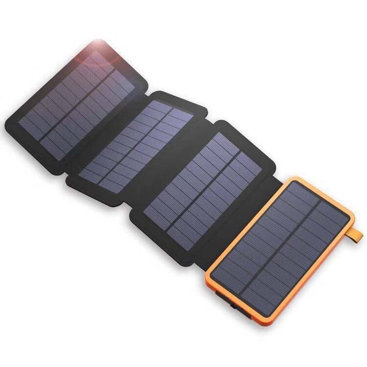 Batterie externe solaire pliable et étanche pour camping, randonnée et urgence.