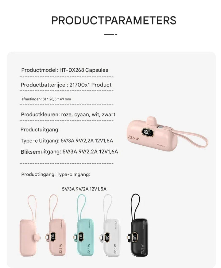 Batterie externe universelle 30000mAh, charge rapide 22,5W, USB-C, Lightning, avec affichage numérique.