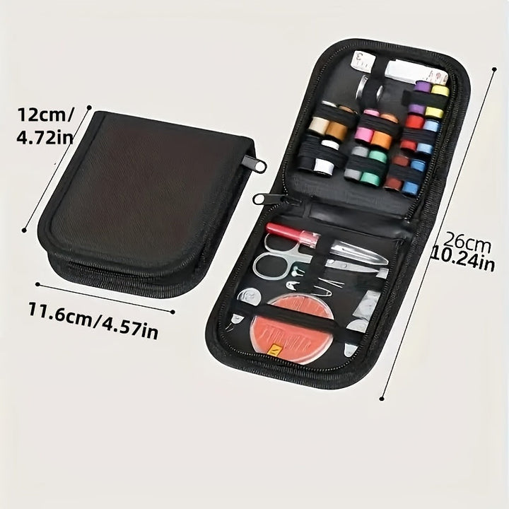 Coffret de réparation textile maison contenant tout le matériel de mercerie essentiel et portable.