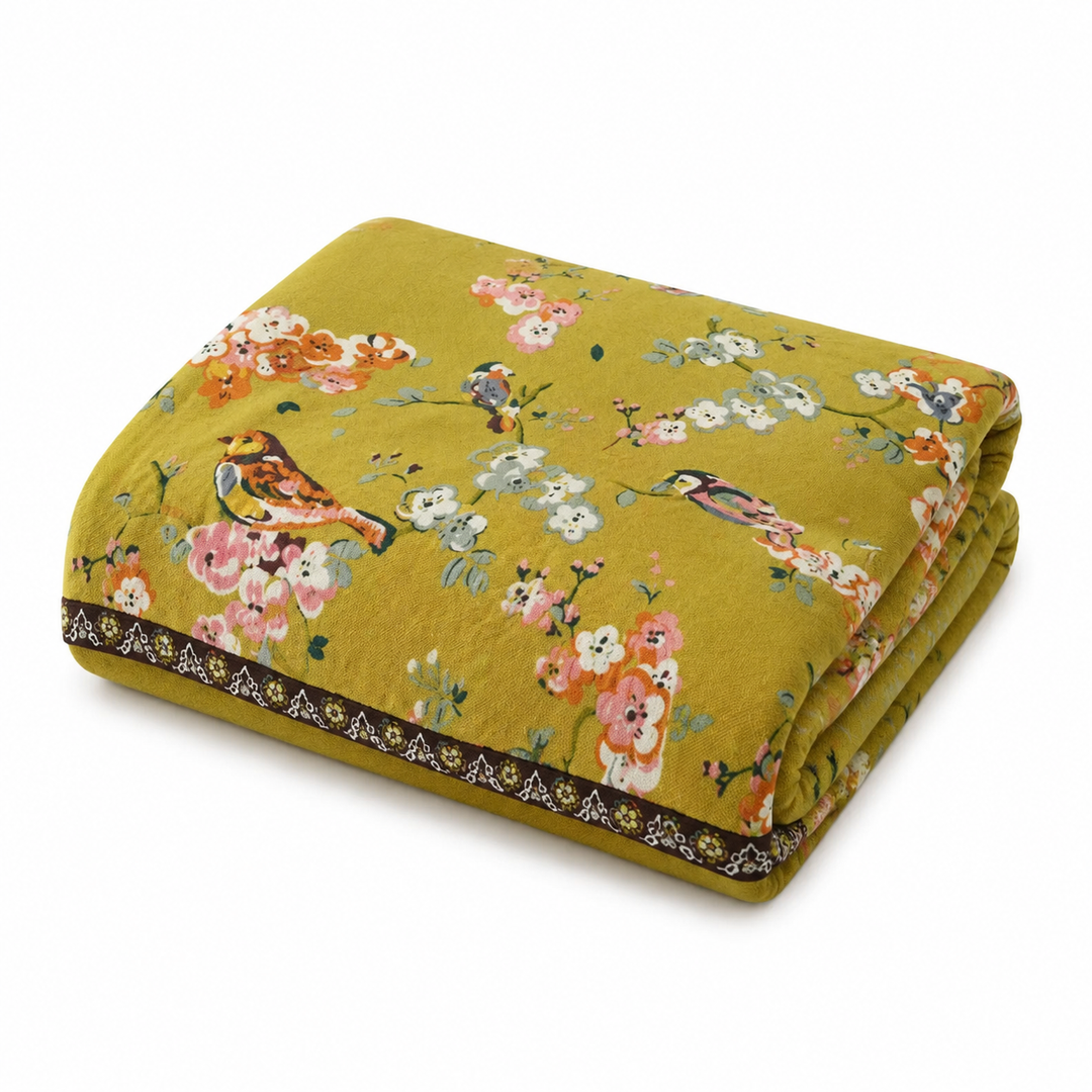 Couverture en coton réversible motif floral et oiseaux, jeté de canapé jacquard bohème pour décoration intérieure.