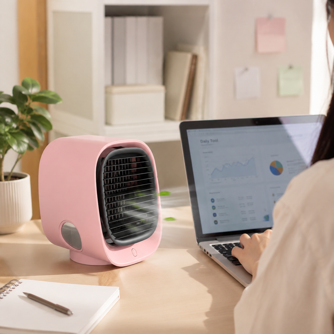 Panneau de contrôle intuitif du rafraîchisseur d'air portable USB, réglages faciles pour une fraîcheur personnalisée.