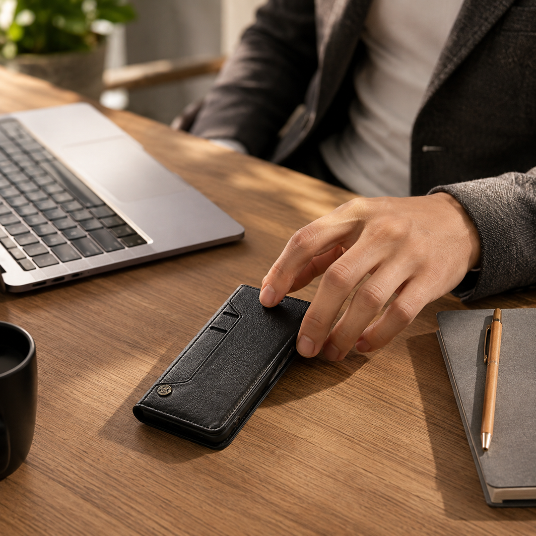 Étui de luxe pour iPhone en cuir marron, avec rabat magnétique et poches à cartes.