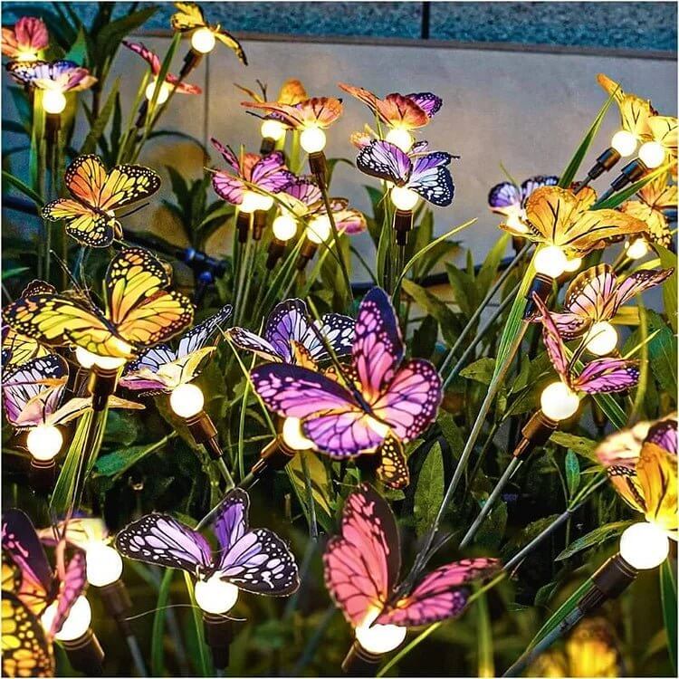 Éclairage solaire LED jardin design papillon, résistant aux intempéries, facile à installer.