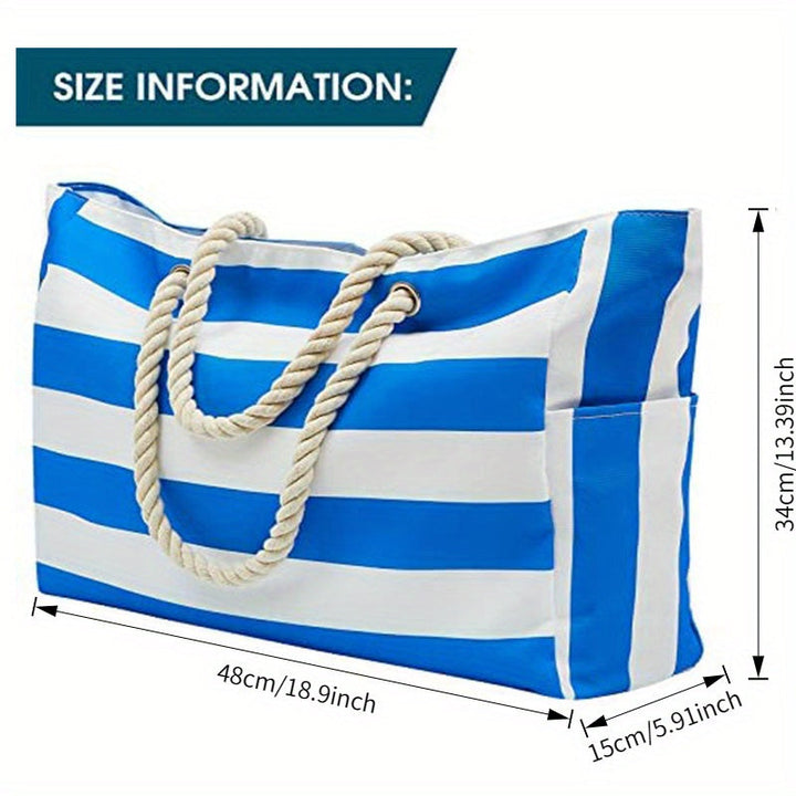 Sac d'été femme rayé bleu et blanc, grand format pour plage et mode vacances.