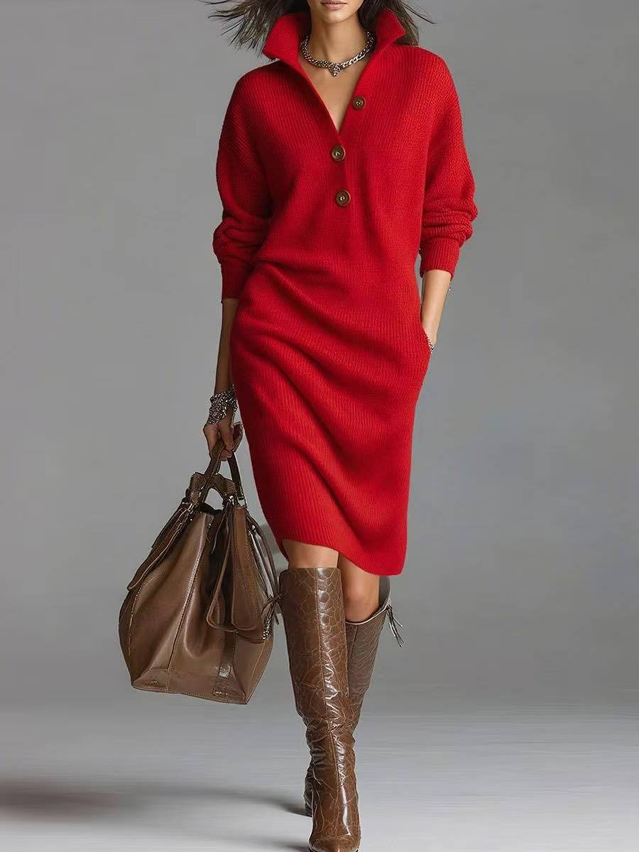 Robe pull élégante pour femme, col montant à V boutonnée, manches longues. Style décontracté et soirée.