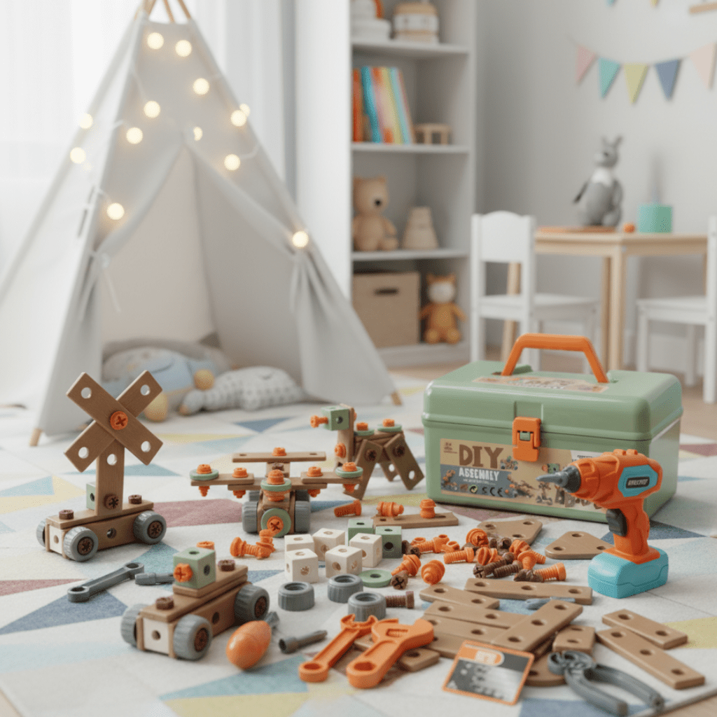 Kit d'outils de construction éducatif et créatif pour enfants, idéal pour le jeu de rôle et l'apprentissage.