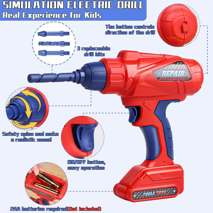 Coffret d'outils 48 pièces pour enfants avec perceuse, casque et sac de rangement pratique inclus.