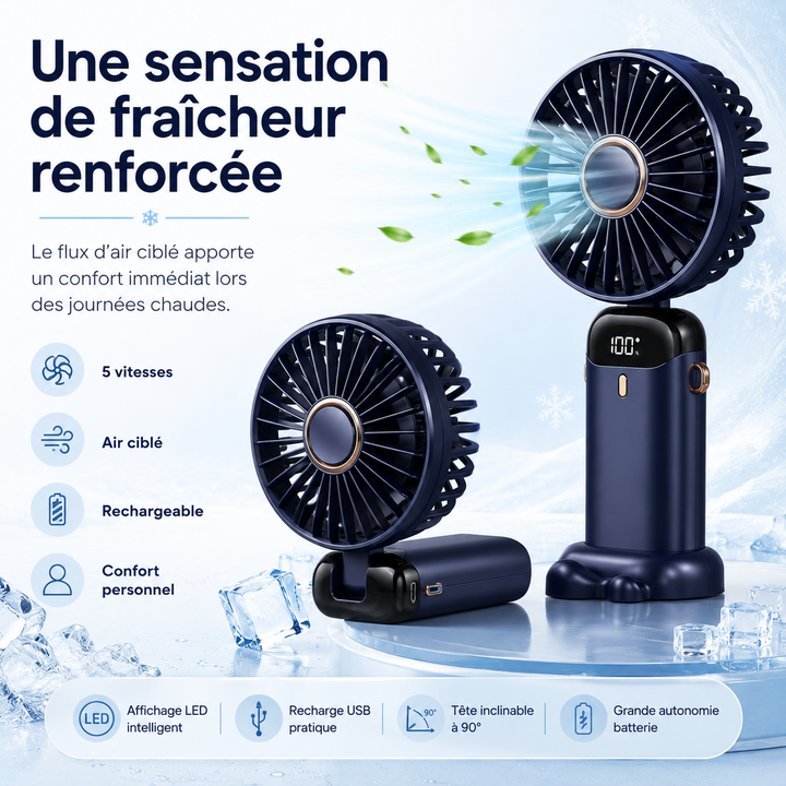 Rafraîchissez-vous partout avec ce ventilateur portable rechargeable 5000mAh. Compact, puissant et autonome.