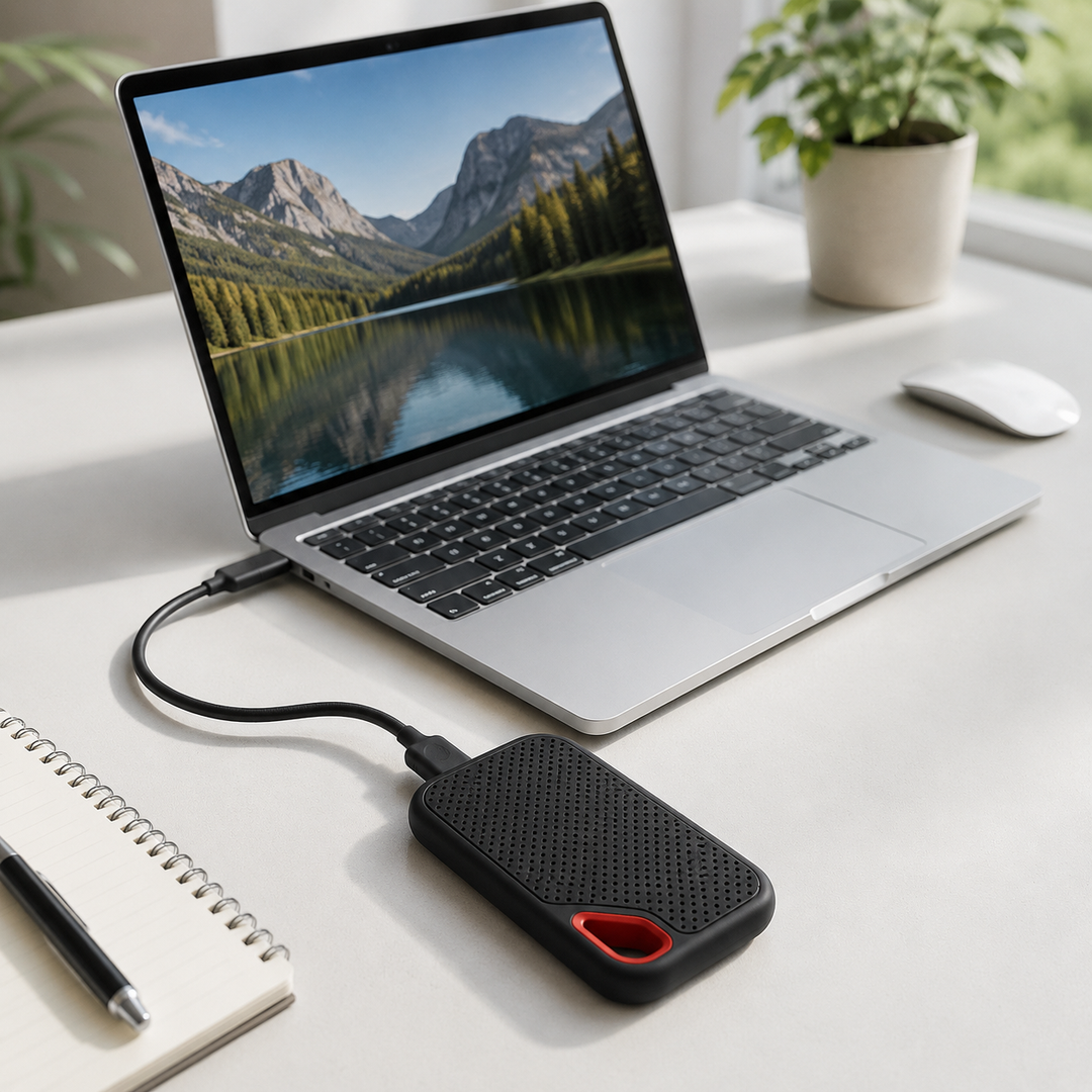Disque dur SSD portable 2 To, design compact et léger pour un stockage externe de données facile à transporter.