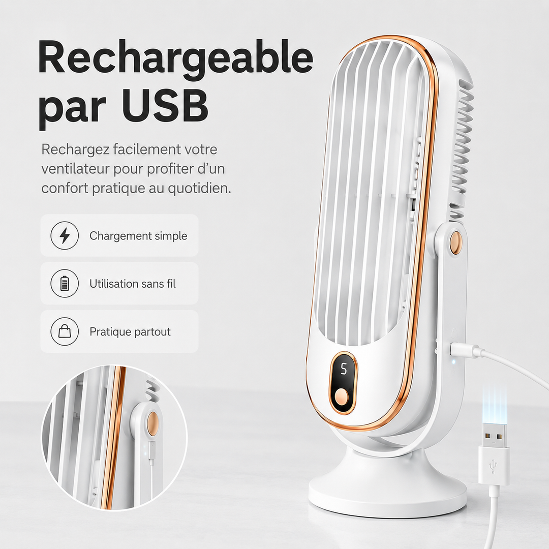 Mini ventilateur AeroLux portable, silencieux, USB, 720°, parfait pour un espace personnel.