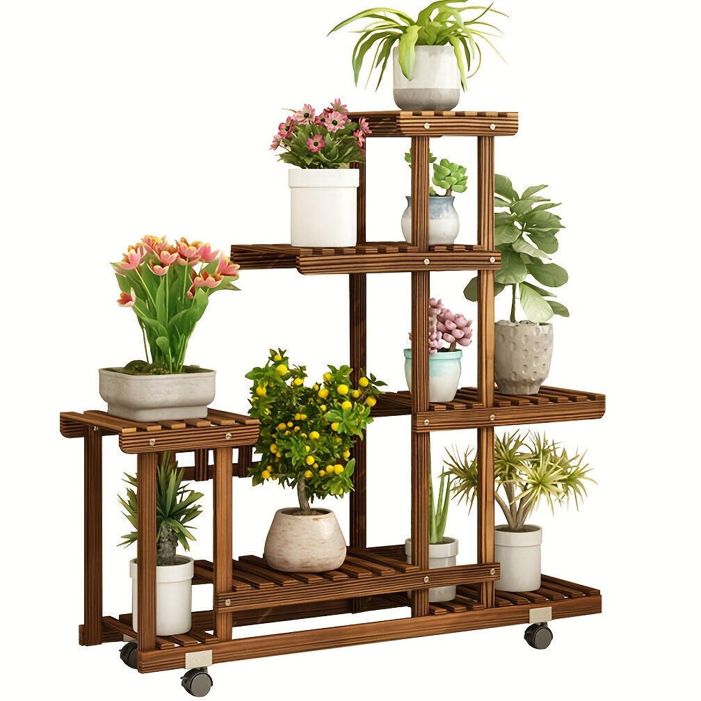Support de plantes design vertical en bois carbonisé, optimise l'espace avec 6 niveaux.