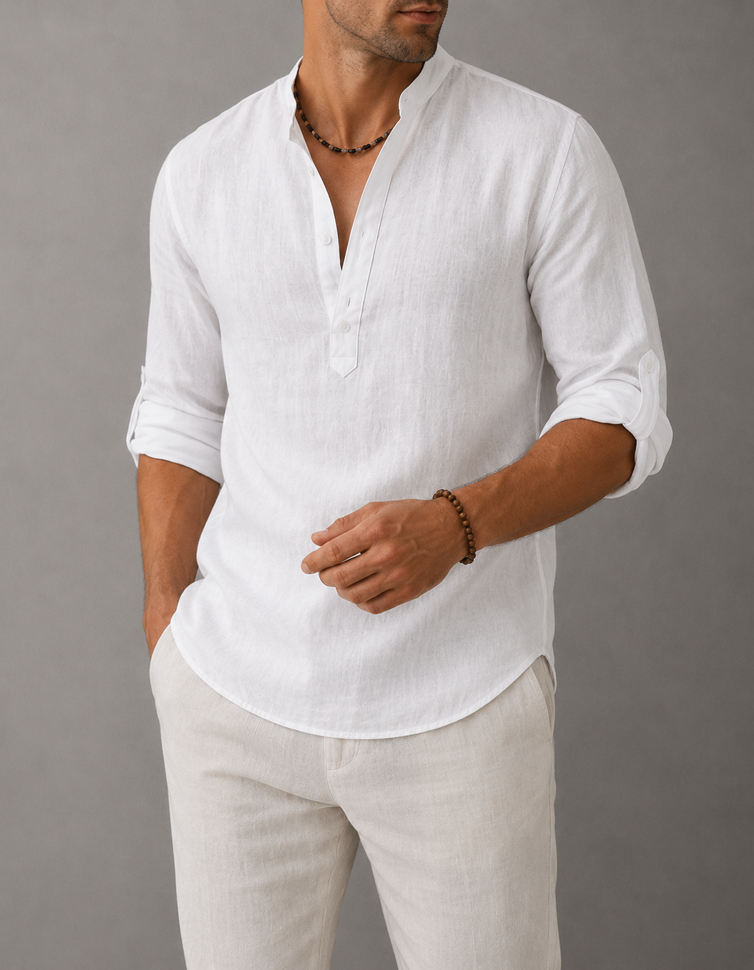 Chemise homme col V manches longues ample, style moderne décontracté, idéale pour confort quotidien. Haut polyvalent.