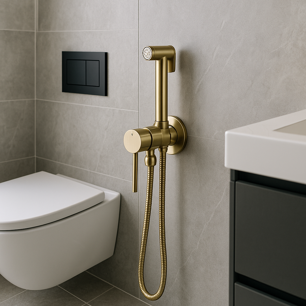 Douchette bidet murale noire mate, contrôle de température précis pour nettoyage confortable.