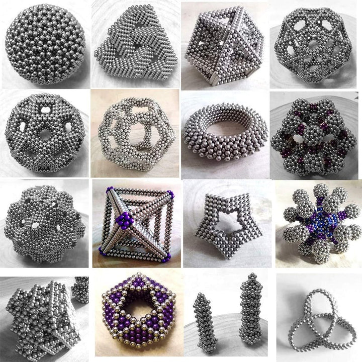 Gros plan sur des billes magnétiques argentées connectées, parfait pour puzzle et relaxation.