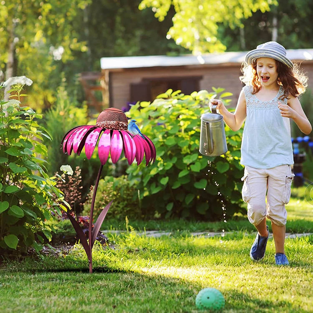 Mangeoire à oiseaux florale en acier résistant, rouge et bleu. Décoration de jardin élégante et durable.
