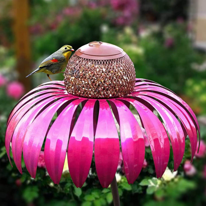 Mangeoire à oiseaux florale vibrante en acier rouge et bleu. Ajoute couleur et vie à votre décoration de jardin extérieur.